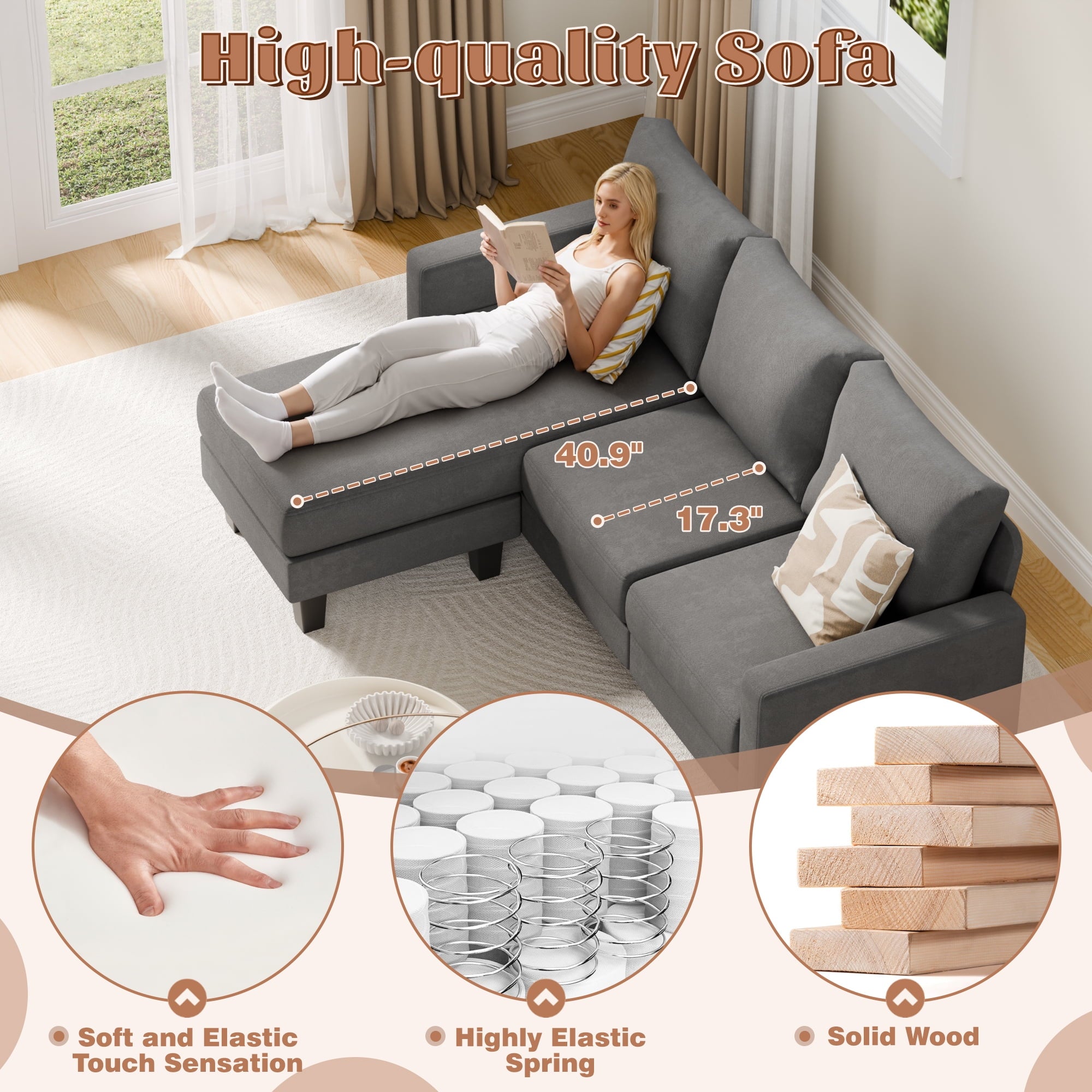 Vineego 72 L-Shaped Sectional Sofa with Ottoman Ergonomic Support Sofa Couch for Small Spaces Living Room, Apartment,Dark Gray