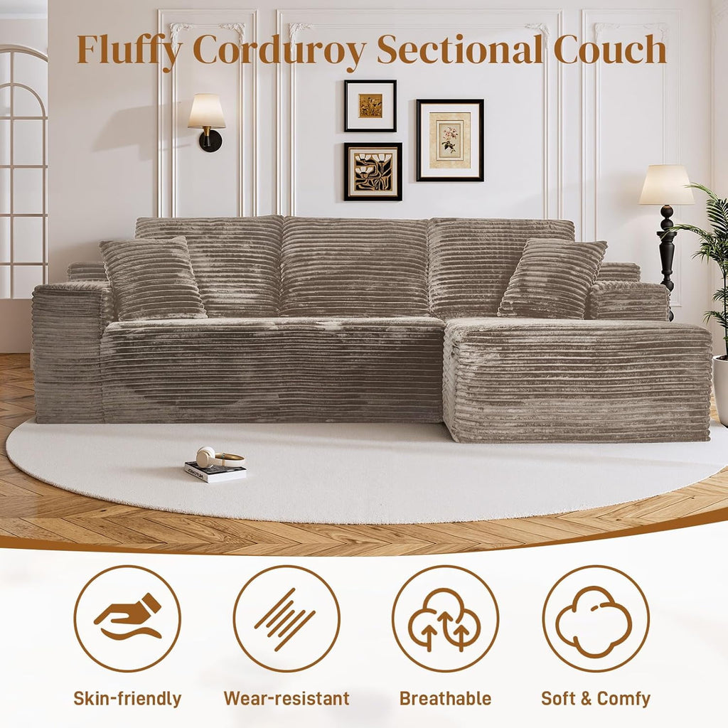 LLappuil 108 Sectional Sofa, Modular Sectional Couch with Left Chaise, Deep Seat Corduroy Cloud Sofa for Living Room Black