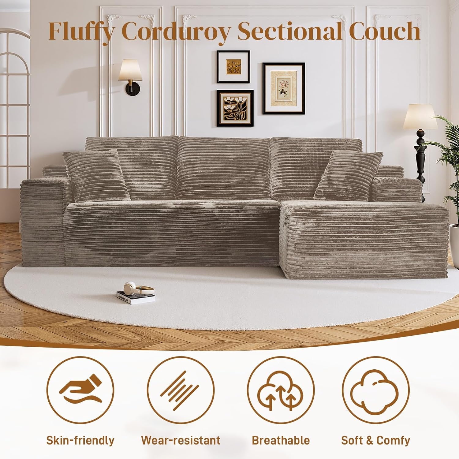 LLappuil 108 Sectional Sofa, Modular Sectional Couch with Left Chaise, Deep Seat Corduroy Cloud Sofa for Living Room Black