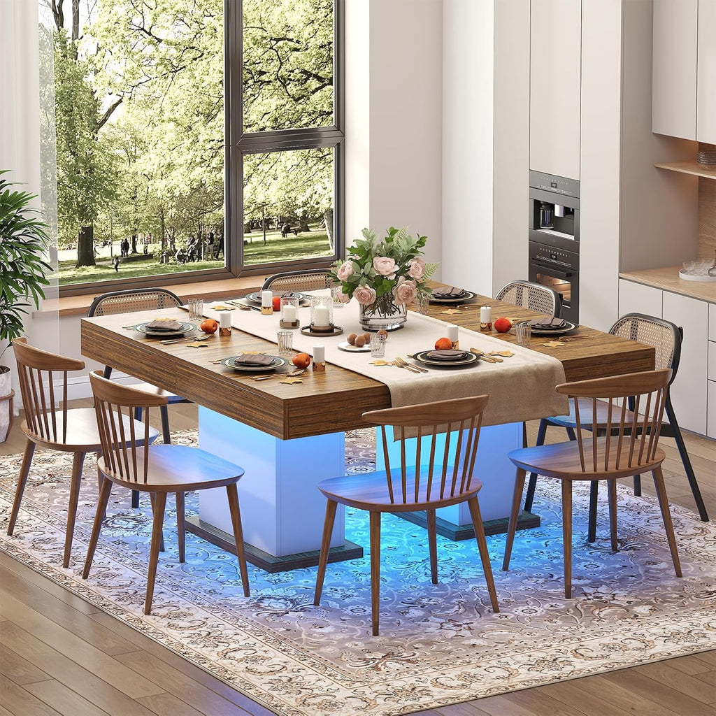 HAUXITIO 55 Inch Dining Table with LED Lights & 2 Drawers,Wooden Pedestal Base Table for 4-6 People,for Kitchen & Dining Room,White& Rustic Brown