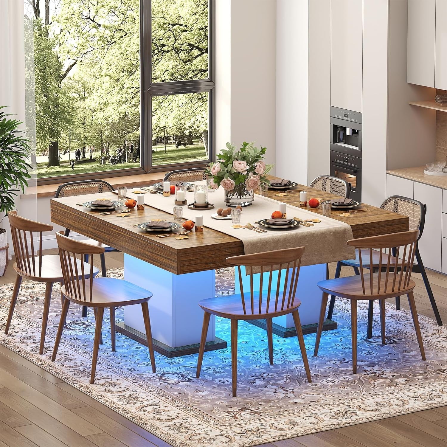 HAUXITIO 55 Inch Dining Table with LED Lights & 2 Drawers,Wooden Pedestal Base Table for 4-6 People,for Kitchen & Dining Room,White& Rustic Brown