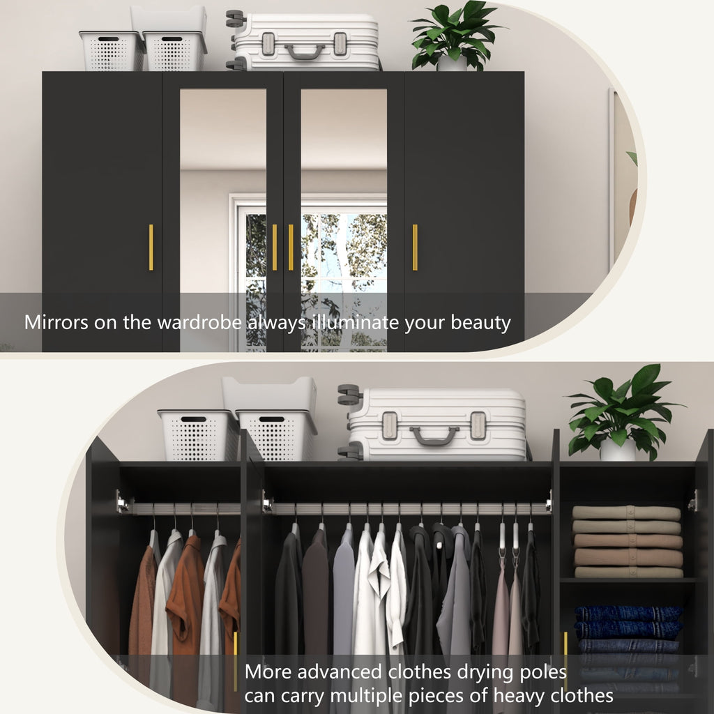 Blotout 70 Armoire Wardrobe Closet with Mirror, LED Wardrobe Armoire with 2 Drawers, 3 Door Wood Armoire Storage with Hanging Rods and Multi-Layer Shelves