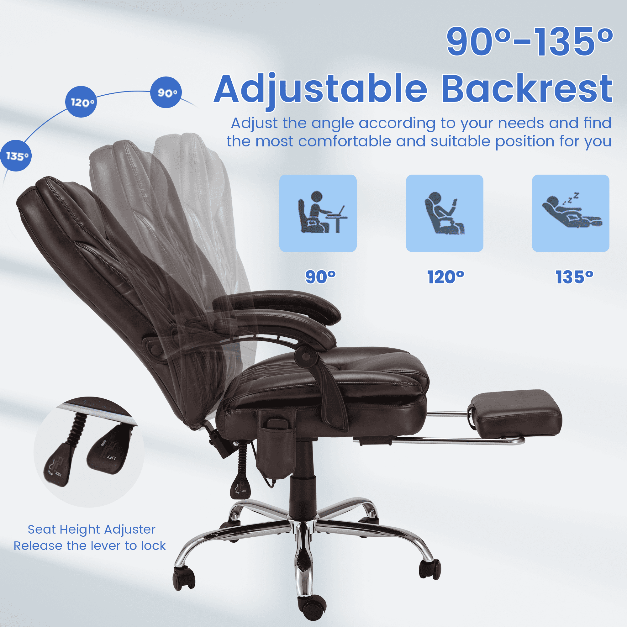 HOMREST Ergonomic Office Chair with 6-Point Massage & Heating, Adjustable Executive Desk Chair with Retractable Footrest, PU Leather Home Office Desk Chair for Home & Office (Black)
