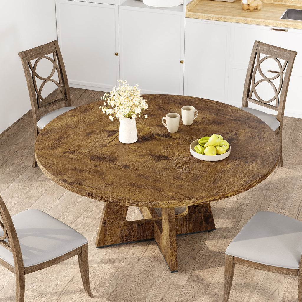 47'' Round Large Dining Table Set for 4 to 6,Mid Century Wood Dinner Table with Wide Tabletop and Cross Base,Dining Room Table for Home Dining Room or Living Room (No Chairs)