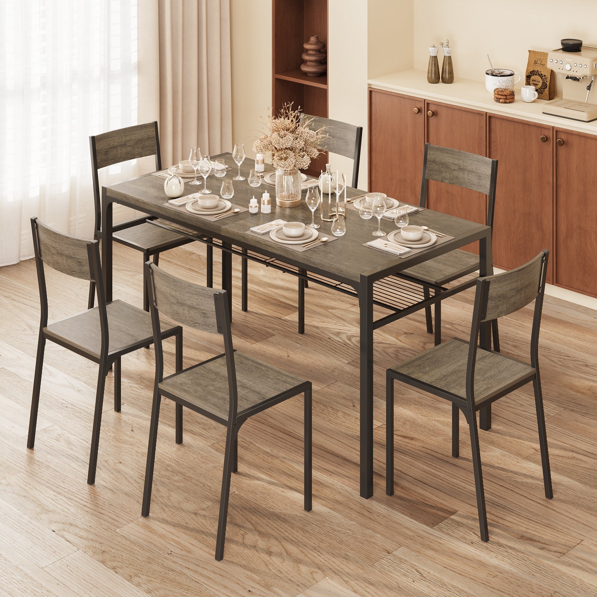 Aiho 7-Piece Dining Table Set for 6, Space-Saving Kitchen Table with Chairs, Compact Dining Furniture for Small Spaces & Apartments, Retro