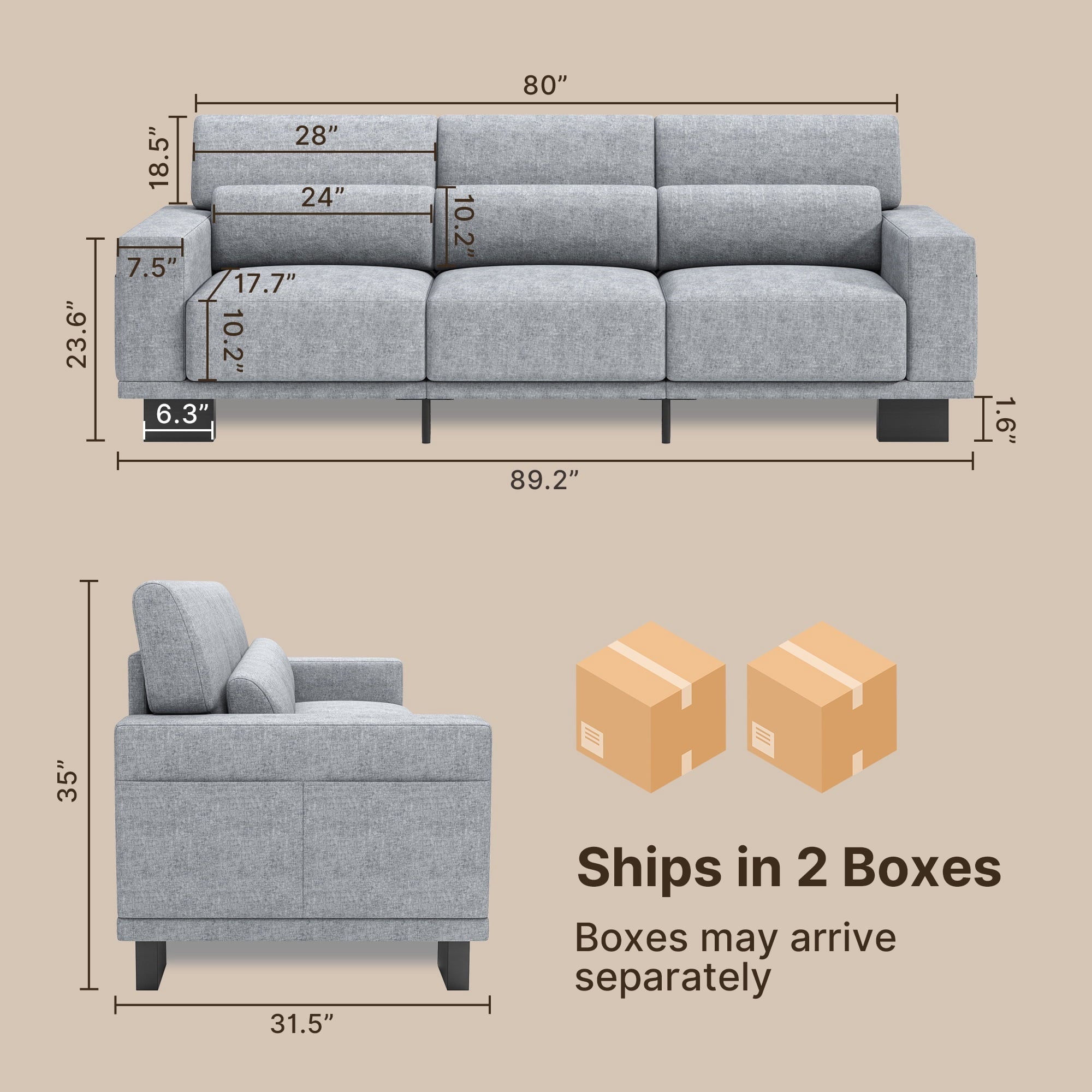Asofer 89 3 Seater Sofa Couch,  Comfy Extra Deep Seat with Upholstered  3 Pillows for Living Room, Apartment,Dark Gray