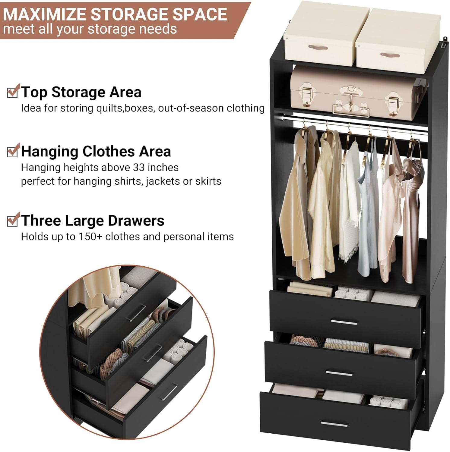 Homieasy Freestanding 2FT Closet System with 3 Wood Drawers, 24 Closet Organizer System with Hanging Rod & Shelves, Walk-in Closet Systems for Small Closets, White