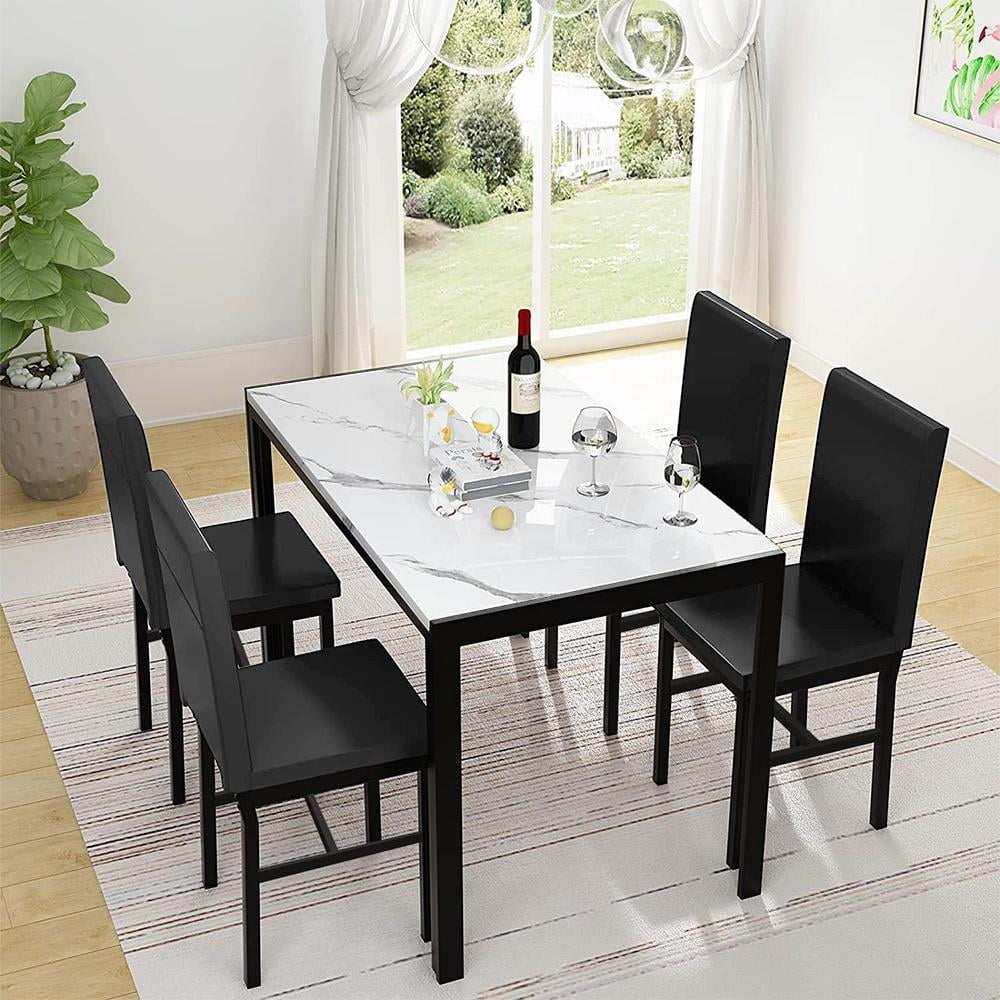 5 Piece Dining Table Set, Modern Faux Marble Tabletop and 4 PU Leather Upholstered Chairs, Rectangle Kitchen Table and Chairs for 4 Persons, Small Dining Set for Bar Dining Room Breakfast Nook