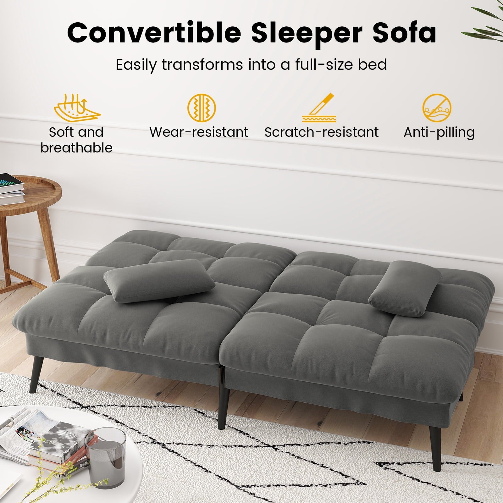 CloudRest Pro 72 Modern Convertible Futon Sofa Bed, Upholstered Futon Couch with 5 Adjustable Backrest Angles,Suitable for Apartment,Living Room,Black