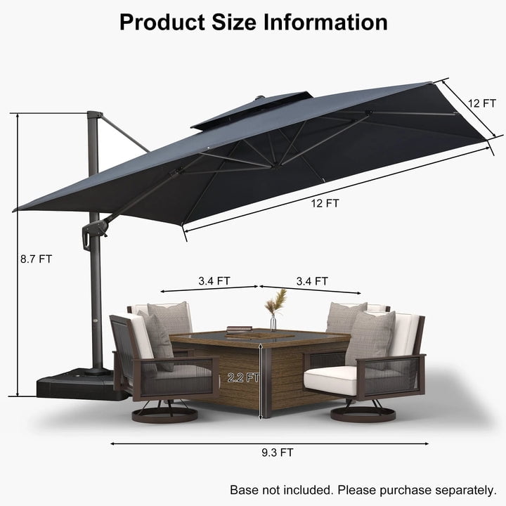 PURPLE LEAF Cantilever Umbrellas 12FT Square Large Patio Umbrella Offset Umbrella with 360°Rotation Tilting And Hanging Double Top, Grey