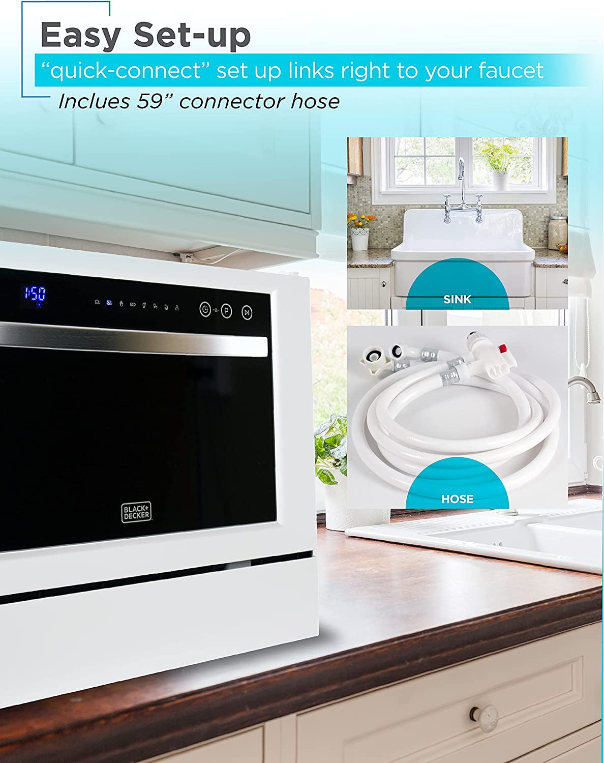 BLACK+DECKER 6-Place Setting Compact Countertop Dishwasher, Accommodates up to 10-In. Dinner Plates, BCD6W