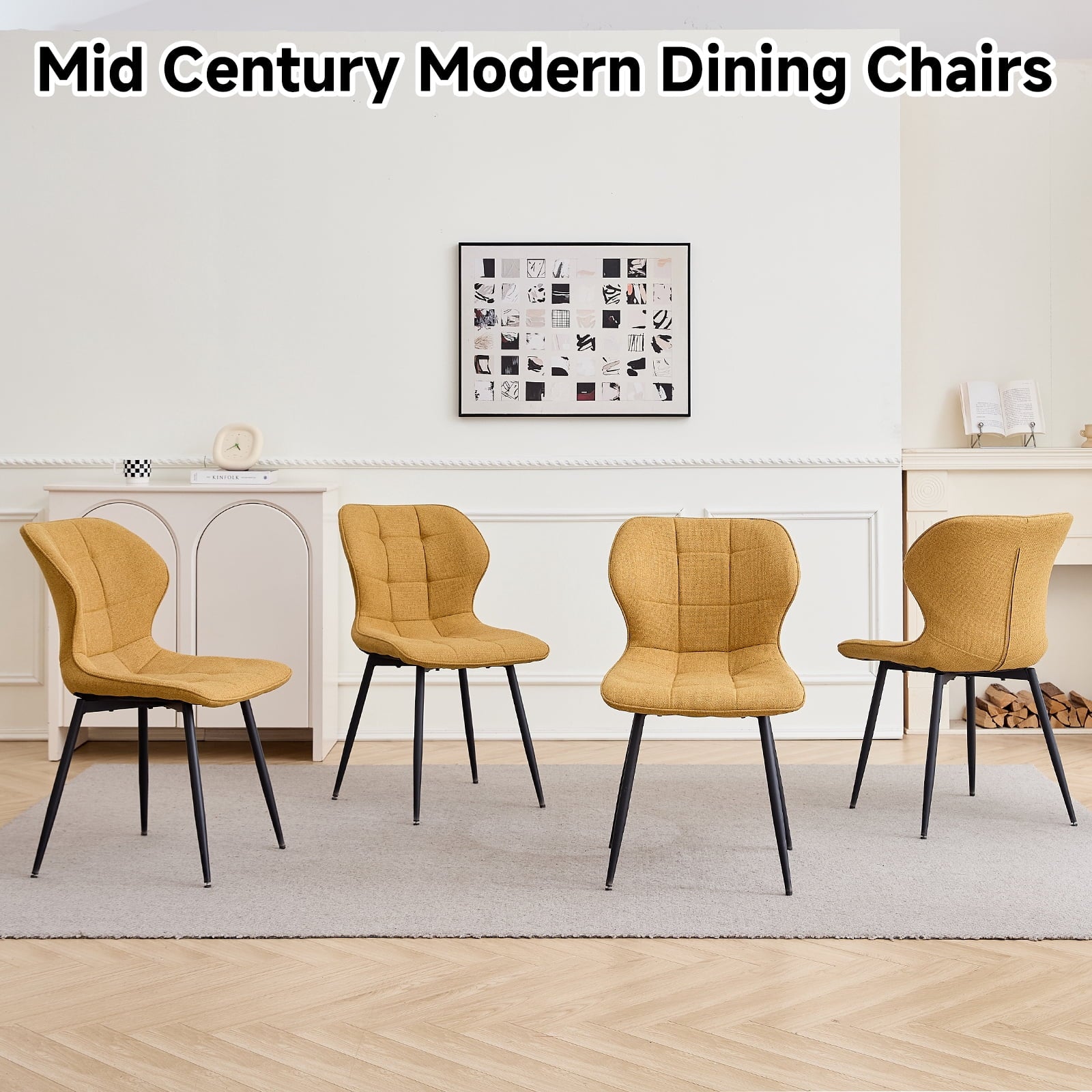 47 Round Dining Table Set for 4 Mid-Century Modern Kitchen Table with 4 Upholstered Chairs Kitchen Coffee Set Dining Table and Chairs for Living Room(Natural Table with 4 Beige Chairs)