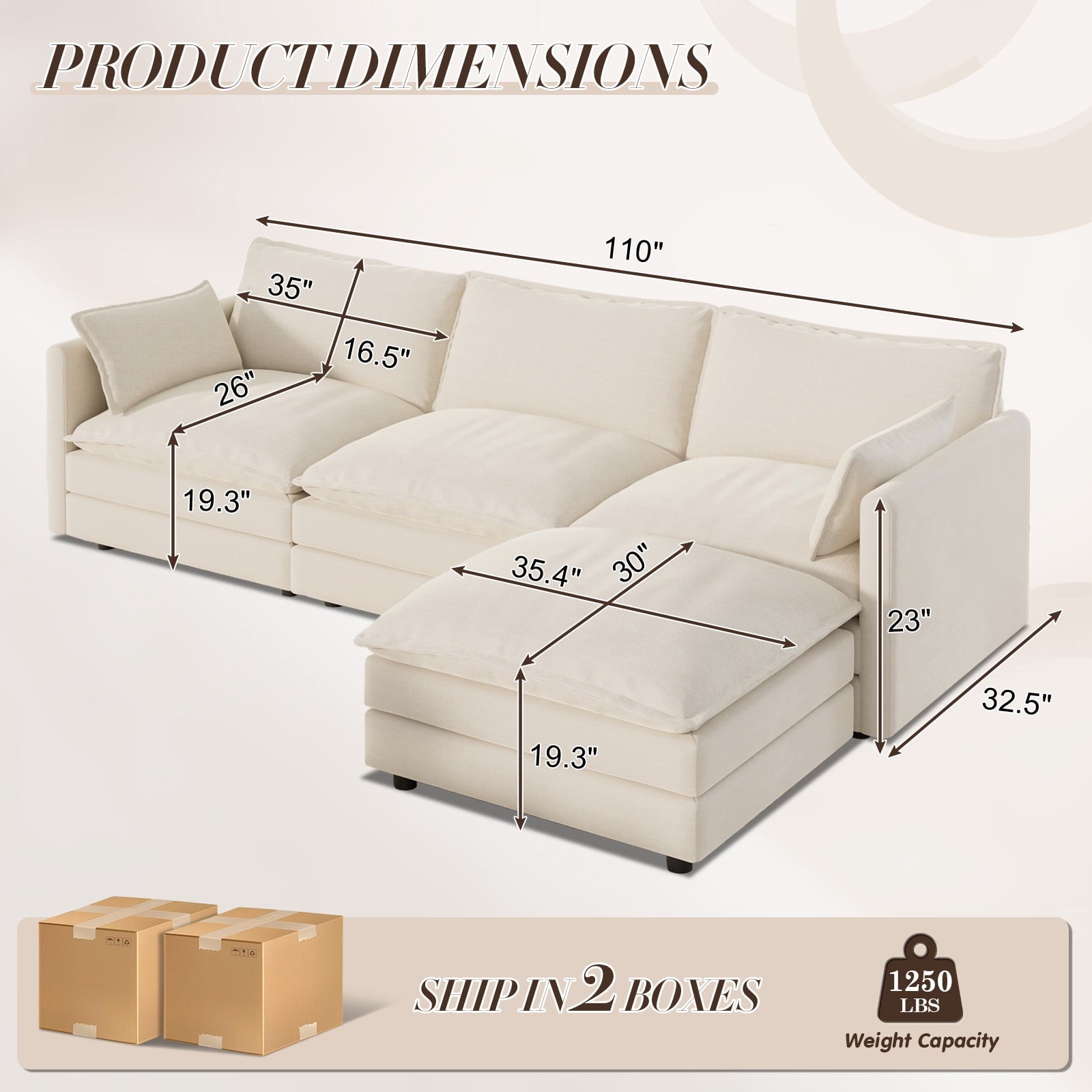 Muumblus Sectional Sofa Cloud Couch with Reversible Ottoman, L-Shaped Chenille Sofa for Living Rooms, Beige