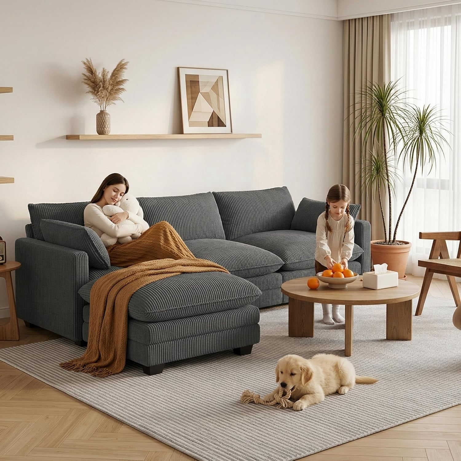 110'' Oversized L Shaped Couch for Living Room, Cloud Couches with Washable Corduroy Cover, Modern 4-Seater Comfy Deep-Seat Sofa with Movable Ottoman and 2 Throw Pillows for Apartment, Gray