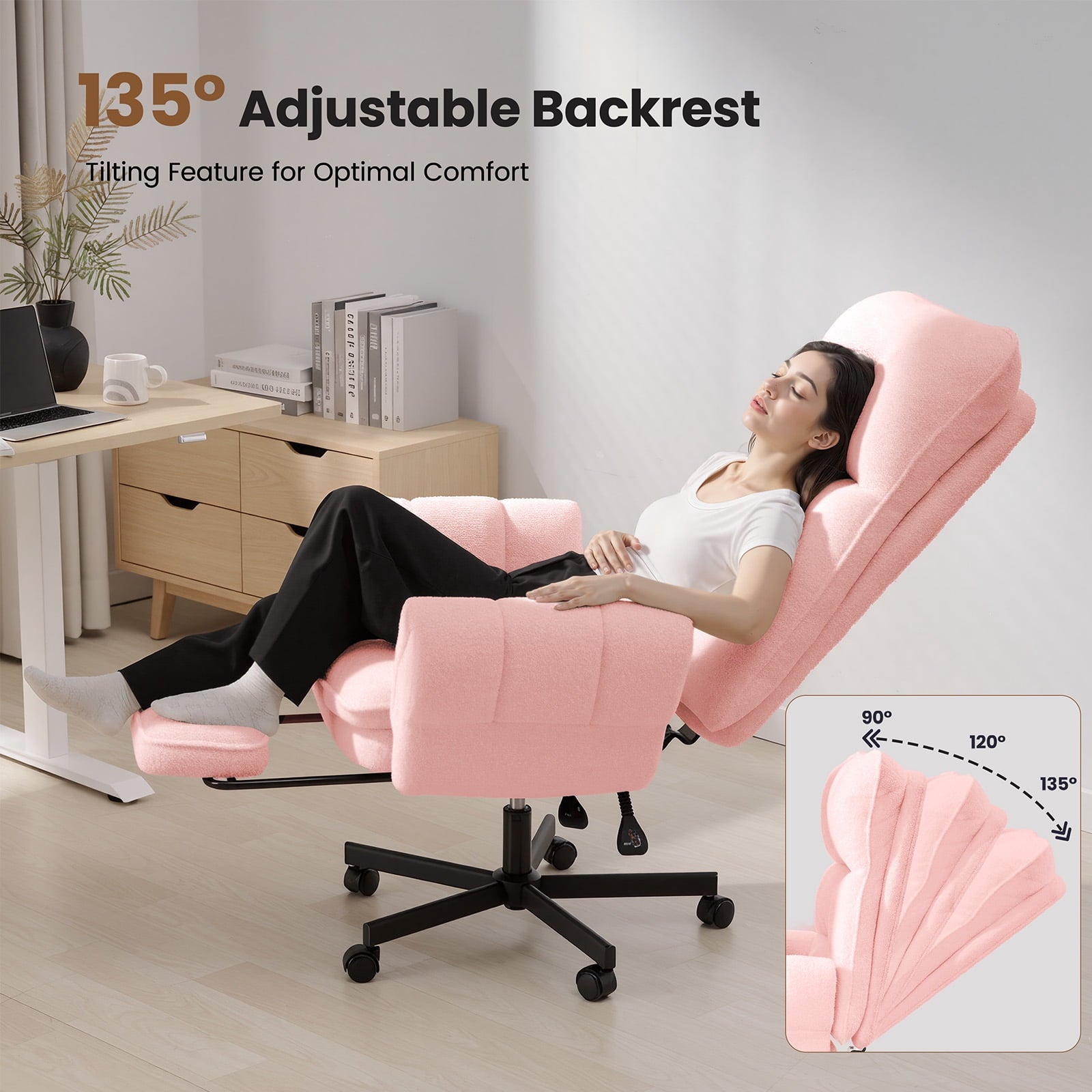 Patbrela Big and Tall Office Chair, Teddy Plush Swivel Desk Chair Ergonomic Computer Chairs with Adjustable Armrests, Beige