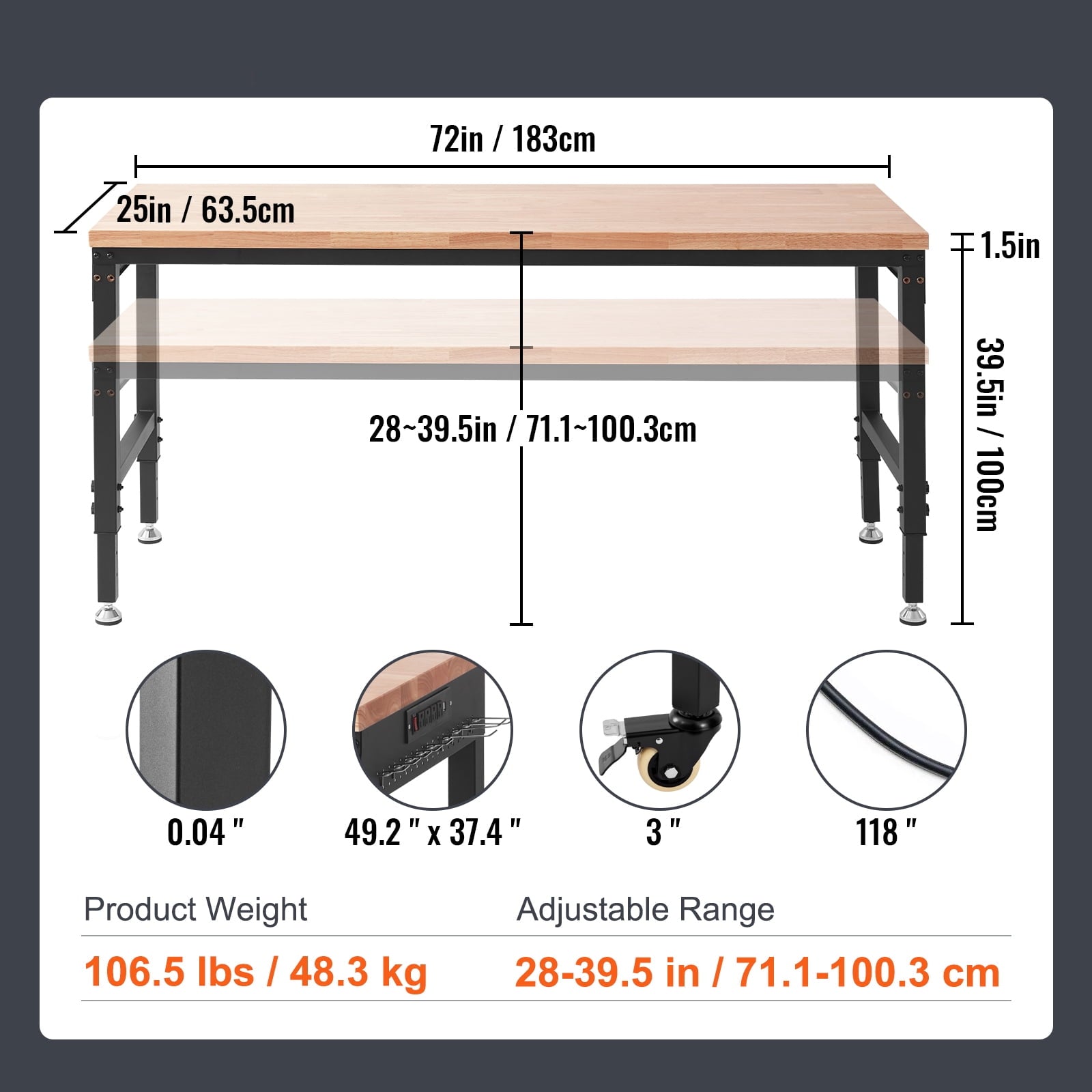 KFFKFF Movable Workstation, 72 L X 25 W, Equipped with Universal Casters, Adjustable Heights from 28-39.5, Can Bear Up to 3000 LBS, Comes with Power Sockets