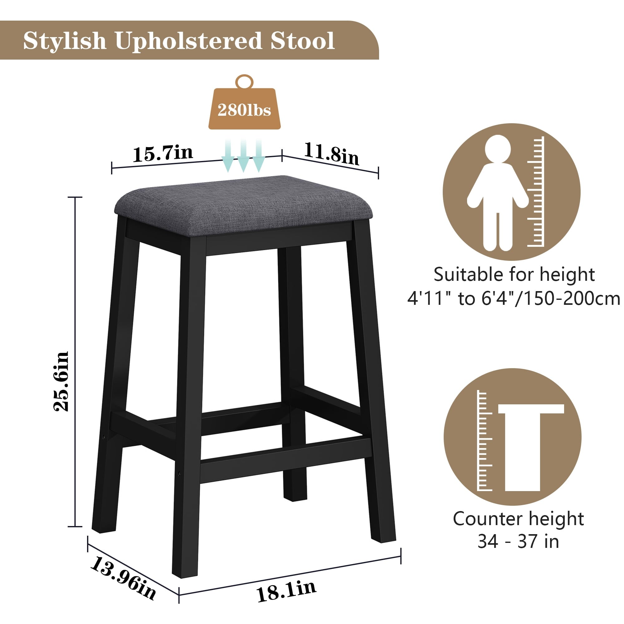 HLR 24.8 Bar Stools, Farmhouse Set of 2 Bar Chairs with Cushion for Kitchen, Dining Room, Cafe Black