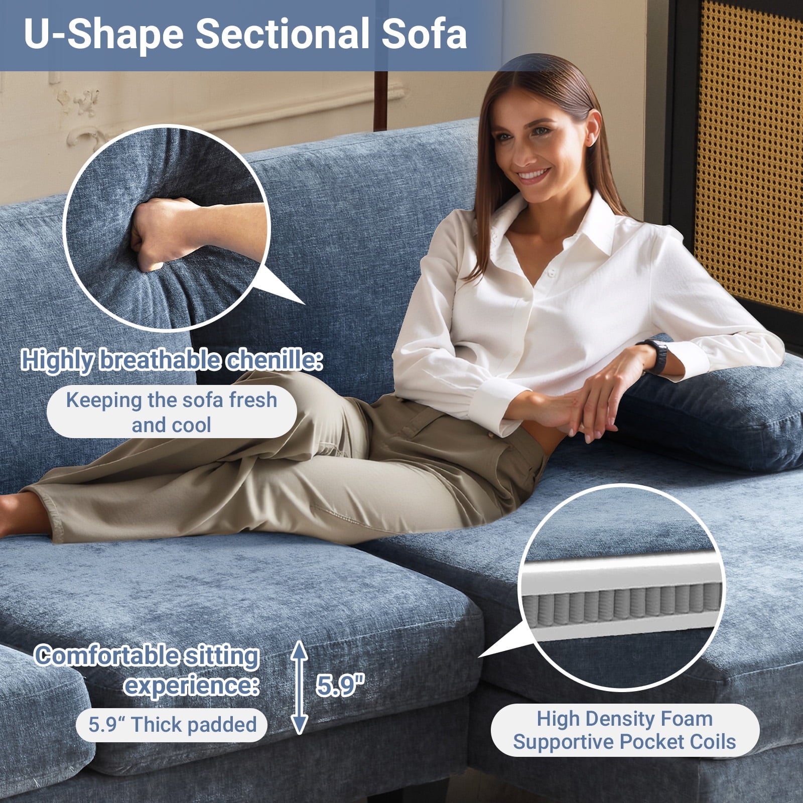 Ktaxon U-Shaped Sectional Sofa, 111  Chenille Couch, 4 Seat Lounge Sleeper with Double Chaise for Living Room Black
