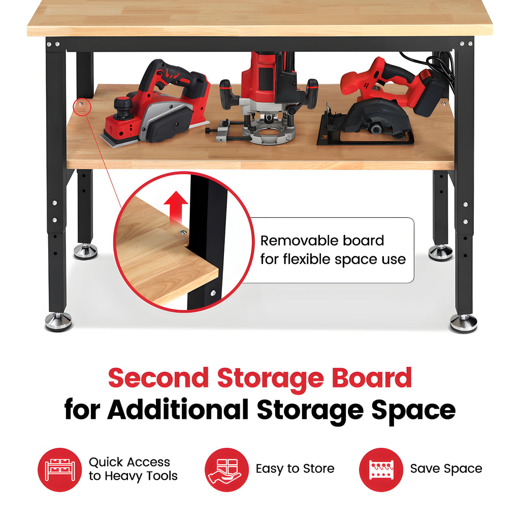 Workbench for Garage,ENJOYWOOD Heavy-Duty 60 inch 2 Tier Wood Work Bench with Storage Pegboards,Rubber Mat,Power Outlets, Rubber Wood Tabletop 2000 LBS Load Bearing Workstation Garage Desk Work Table