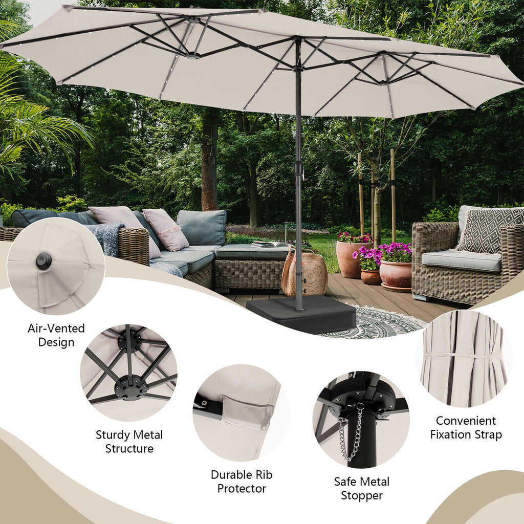 Gymax Outdoor 15' Double-Sided Patio Umbrella 48 Solar LED Lights Crank & Base Coffee