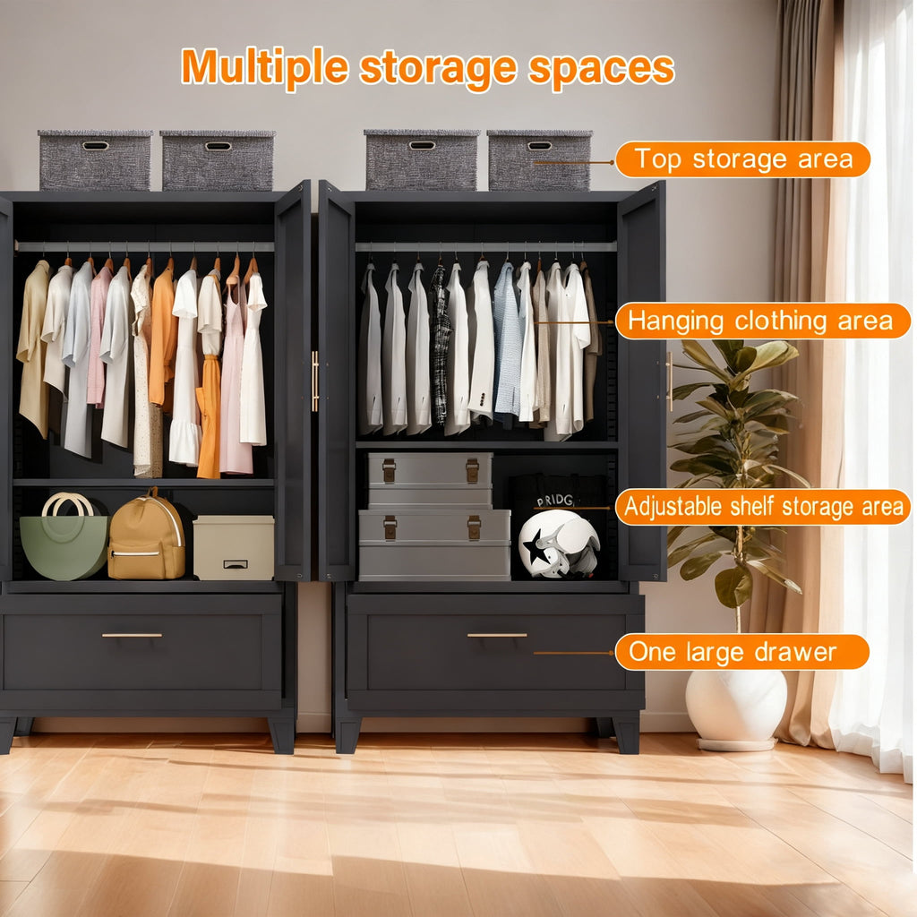 avobird 60 Tall Metal Wardrobe Cabinet with 1 Drawer and Hanging Rod, 2 Doors Wardrobe Closet with Shelf for Bedroom, Beige
