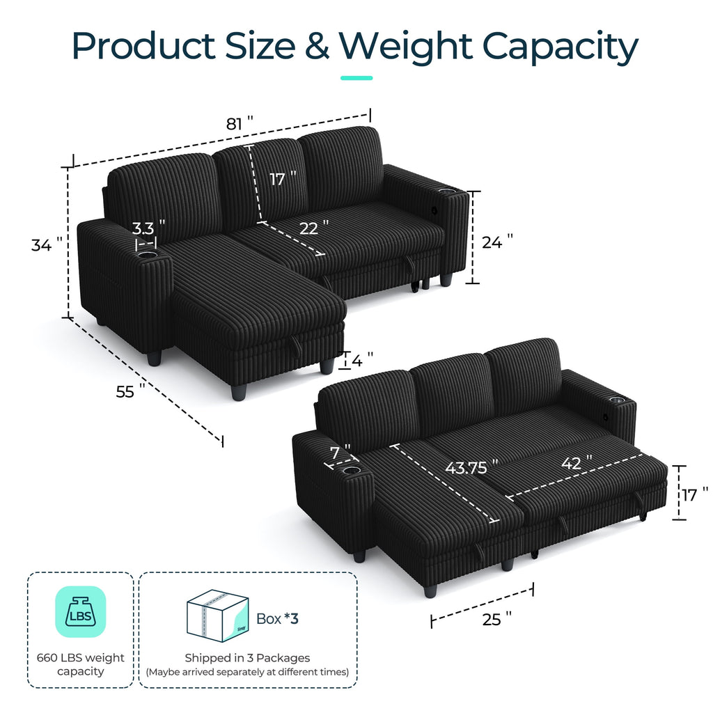 LINSY HOME L Shaped Sectional Couches for Living Room, Sleeper Sofa Bed with Reversible Storage Chaise, Pull Out Couch Bed with USB, Cup Holder, Black