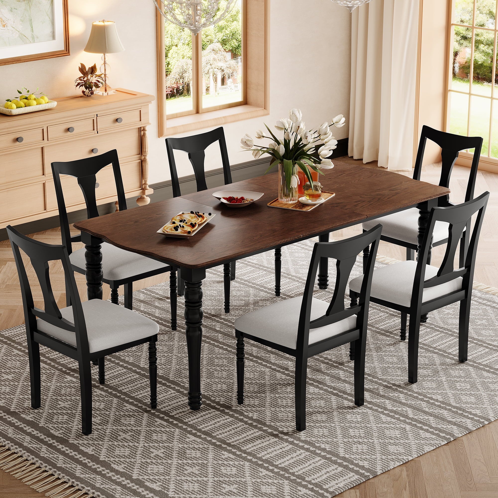 Harper & Bright Designs 7 Pieces Retro Dining Set for 6, Wood Rectangular Table with Designed Trestle Base and 6 Upholstered Chairs for Dining Room and Kitchen, Grey