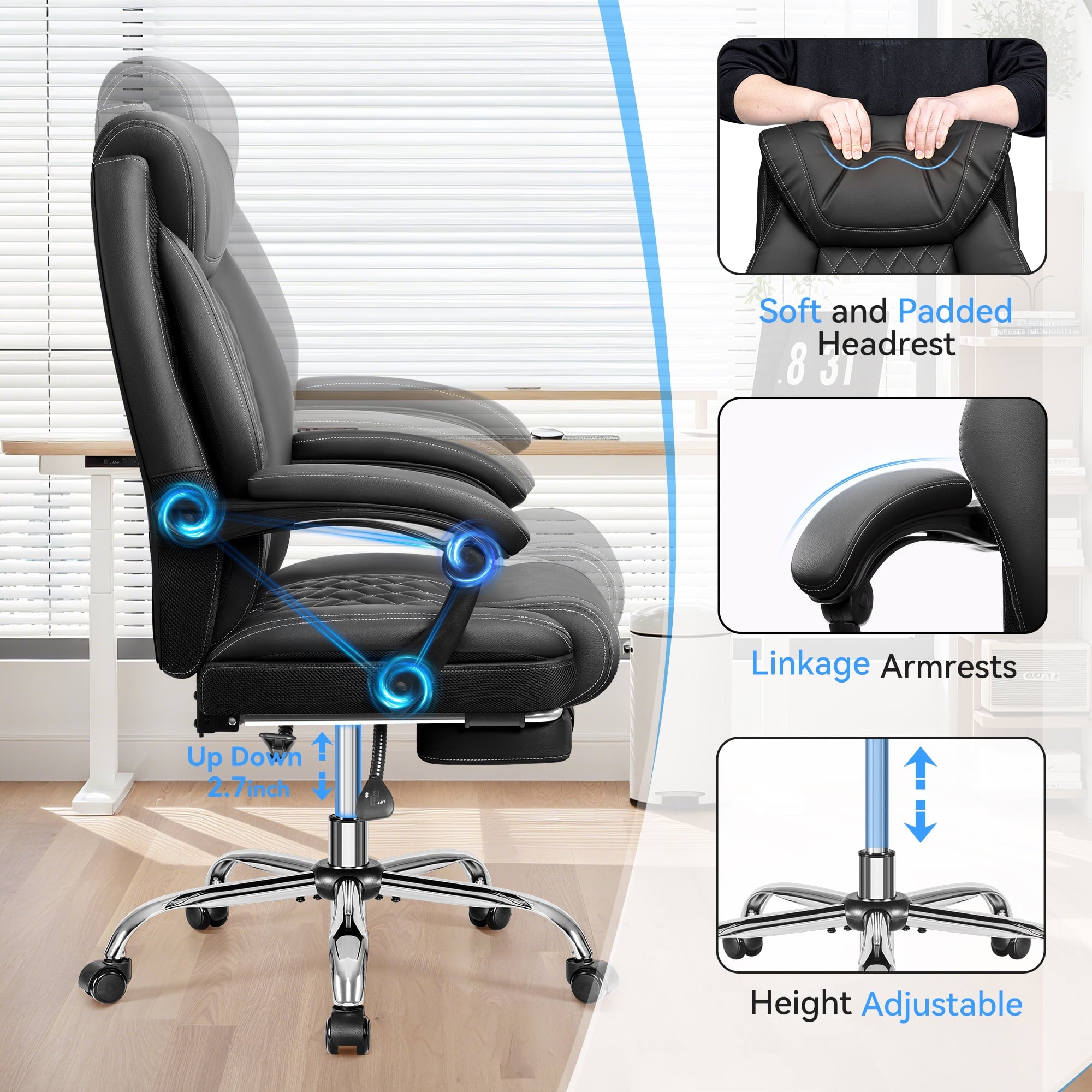 FASTES Ergonomic Office Chair, Big and Tall Leather Desk Chair with Footrest and Lumbar Support, 2-Position Reclining Executive Computer Chair, Black