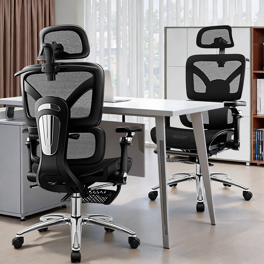 COOLHUT Ergonomic Mesh Office Chair with Footrest, Big and Tall Computer Desk Chair with Adjustable Lumbar Support, Headrest and Armrest, High Back Home Office Chair for Workspace, 300LBS, Black