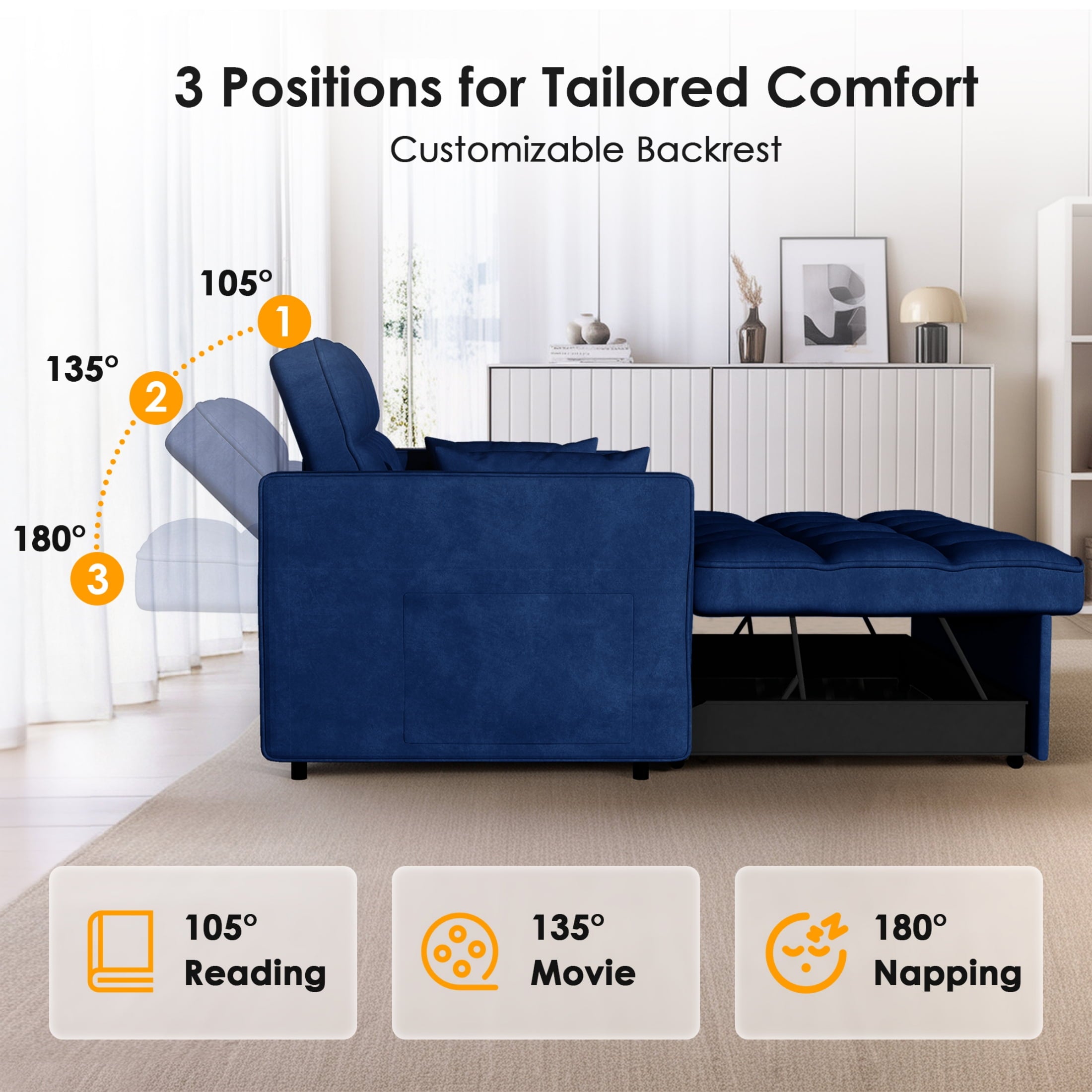Anpport 3-in-1 Convertible Sleeper Sofa Bed, Pull-Out Loveseat Couch with Adjustable Back for Small Spaces, Velvet Fabric, 55, Dark Gray