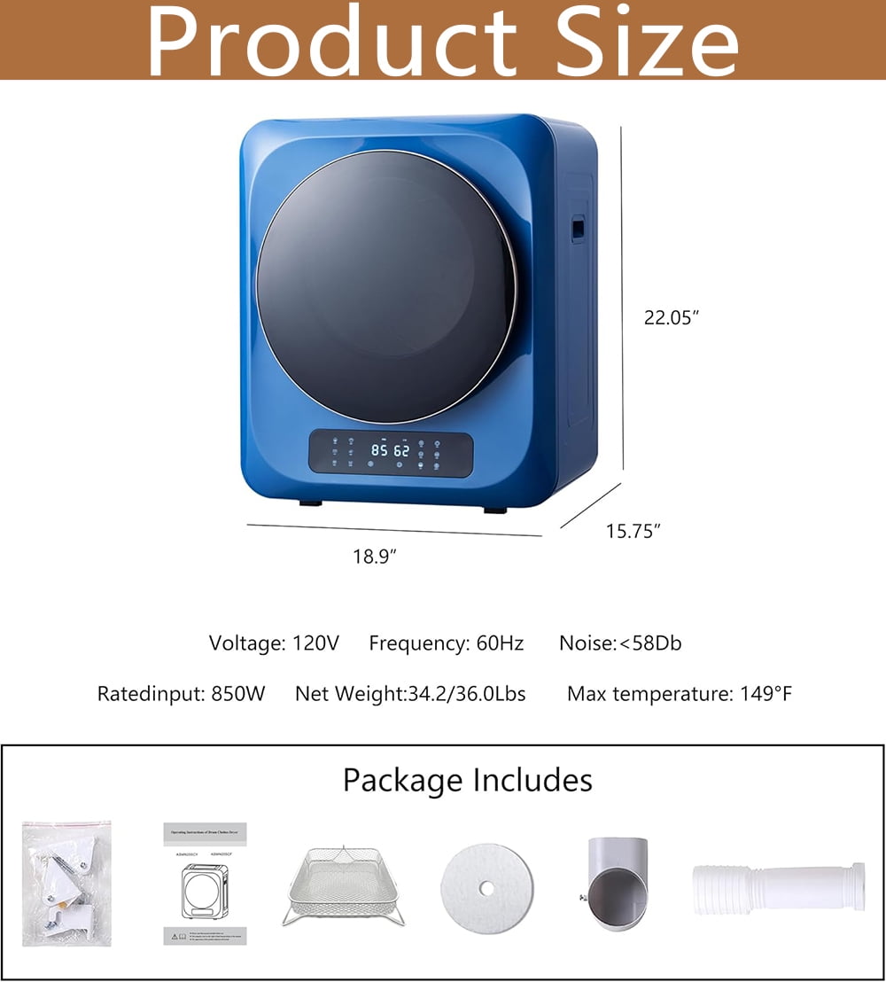 MIDOQIN Portable Clothes Dryer, 120V/850W Compact Laundry Dryer with Exhaust Pipe & LED Touch Control Panel, Front Load Mini Dryer Machine for Apartment