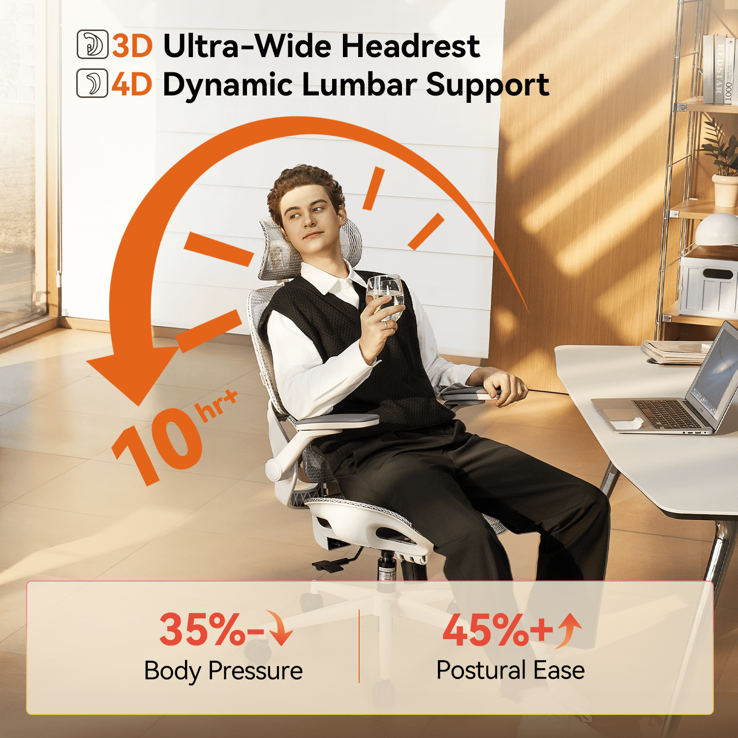 SIHOO B100 Pro Ergonomic Office Chair, Adaptive Elastic Lumbar Desk Chair, 4D Arms & 3D Ultra-Wide Headrest Computer Chair for Teenager, High Back Executive Chair for Home Office & Gaming, White