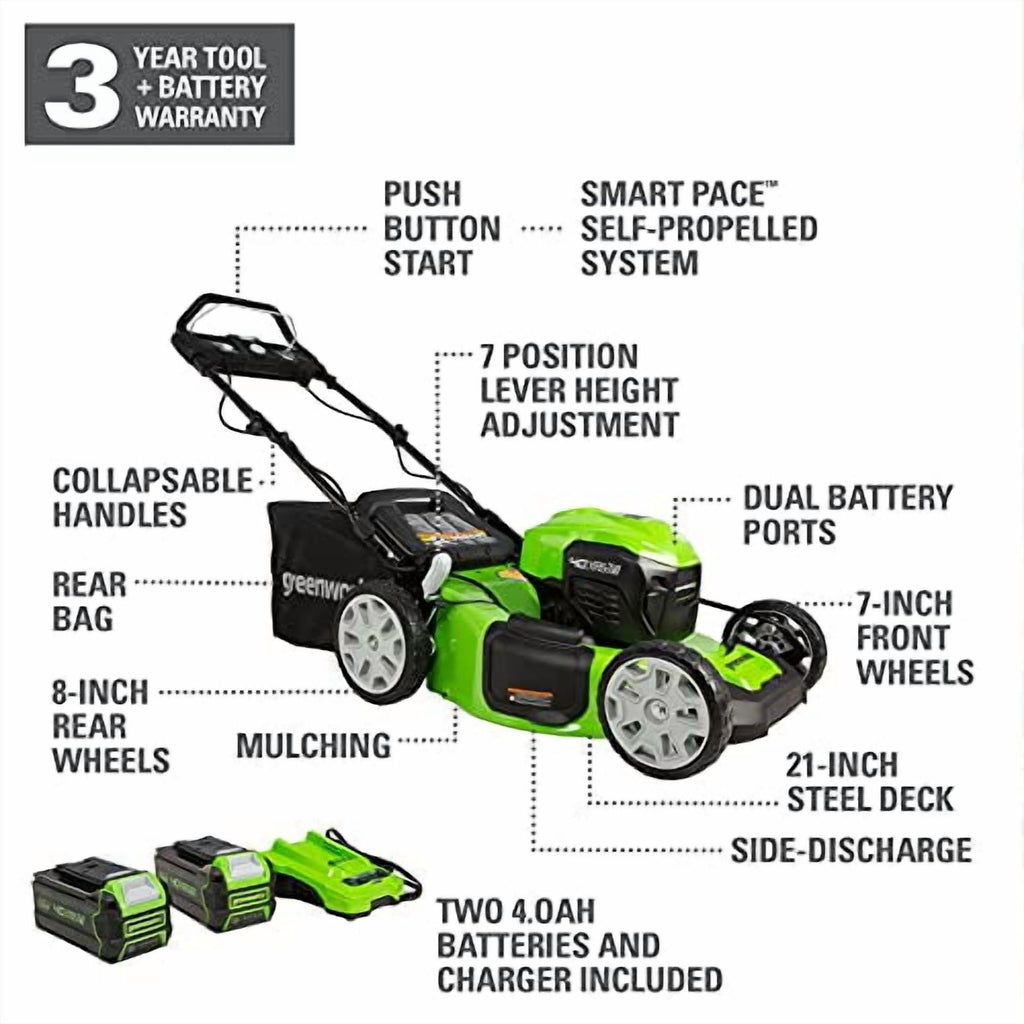 Greenworks 40V 21 Brushless Self-Propelled Lawn Mower, 2 x 4Ah USB (Power Bank) Batteries and Charger Included MO40L4413