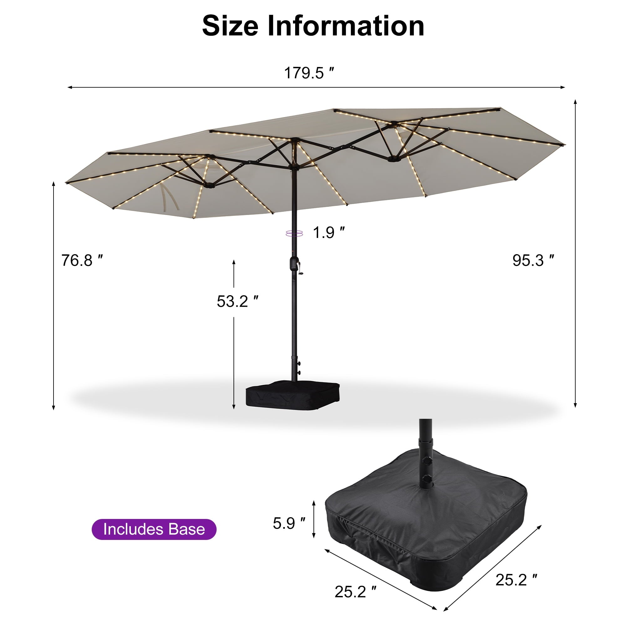 PURPLE LEAF 13ft Market Patio Umbrella with Solar LED and Base Double-Sided Sun Umbrellas for Pool Beach Deck Backyard Taupe