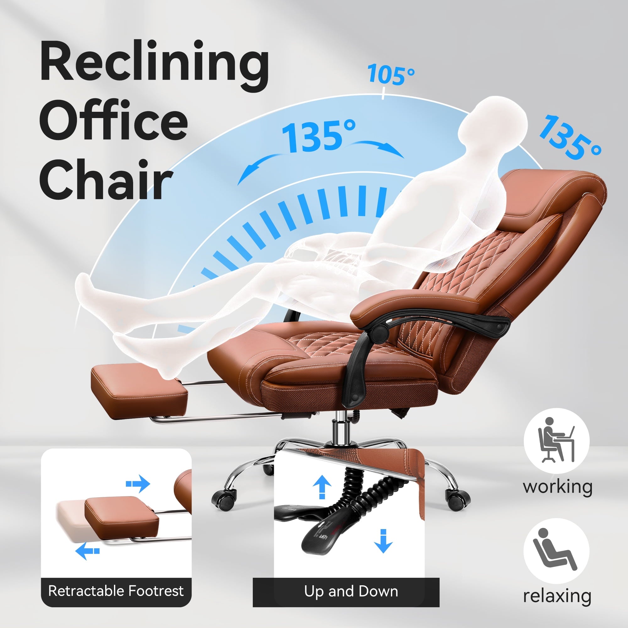 FASTES Ergonomic Office Chair, Big and Tall Leather Desk Chair with Footrest and Lumbar Support, 2-Position Reclining Executive Computer Chair, Black