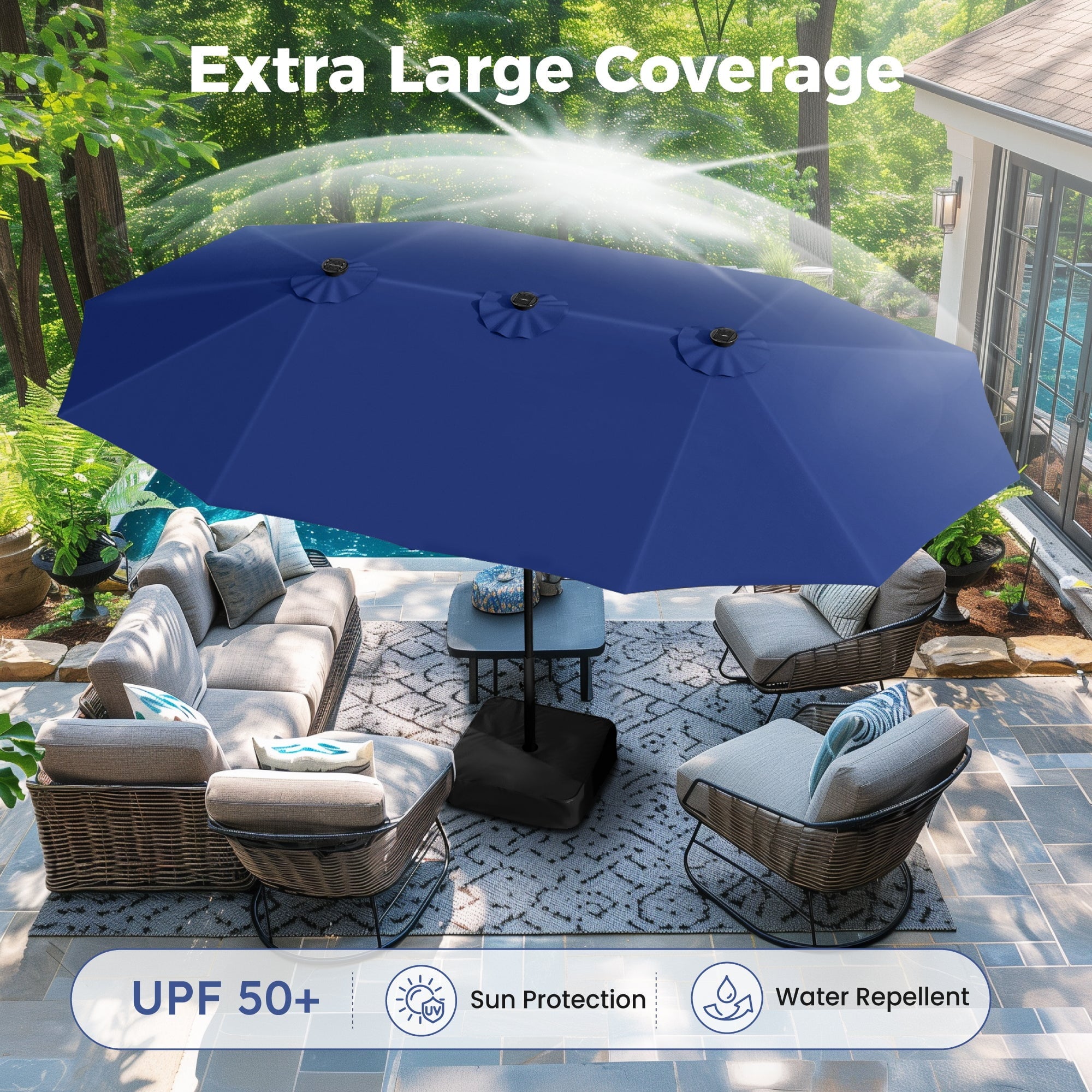 Alpha Joy 15ft Extra Large Outdoor Patio Double-Sided Umbrella with LED Solar Lights & Umbrella Base, Beige