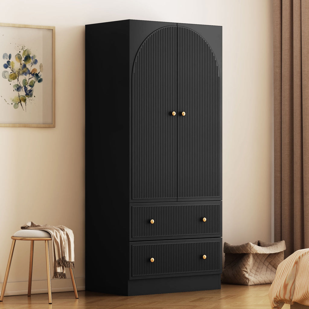 Wirrytor Freestanding Wooden Armoire Wardrobe with 2 Woven Doors and Storage Drawers, Space-Saving Closet Cabinet for Bedroom, Sturdy Mdf Board Closet with Hanging Rail
