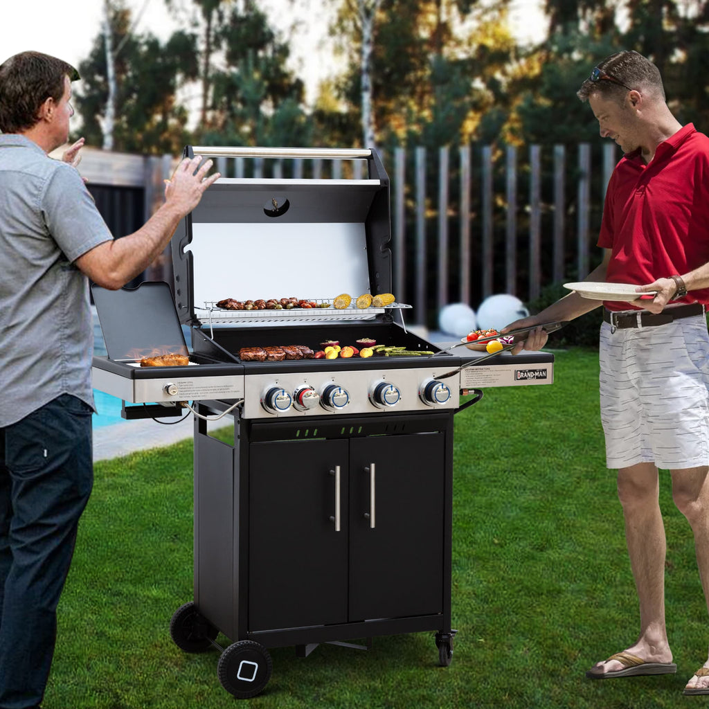 Brand-Man Grills 4-Burner Propane Gas Grill with Infrared Side Burner, Porcelain-Enameled Cast Iron Grate & Griddle, Outdoor Backyard BBQ Grill