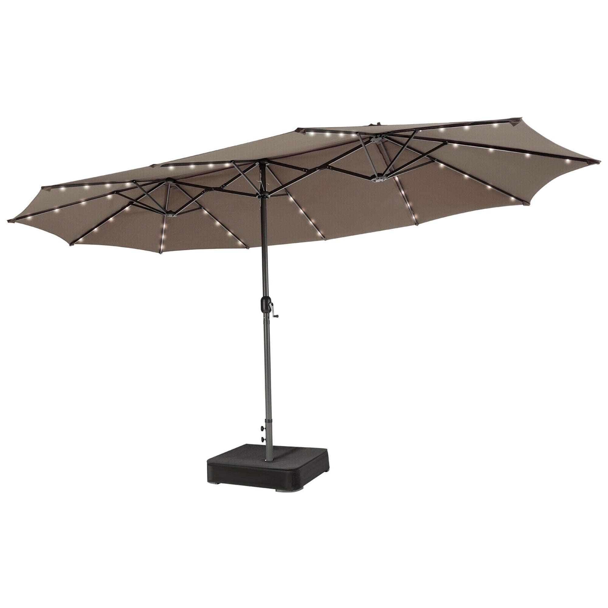 Gymax Outdoor 15' Double-Sided Patio Umbrella 48 Solar LED Lights Crank & Base Coffee