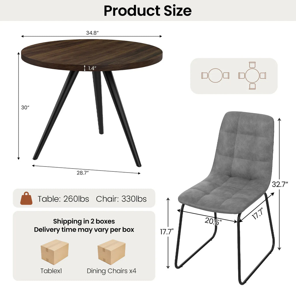 34.8 Round Dining Table for 4 People, Modern Circle Kitchen Table with Metal Legs for Kitchen, Dining Room, Apartment,Gray