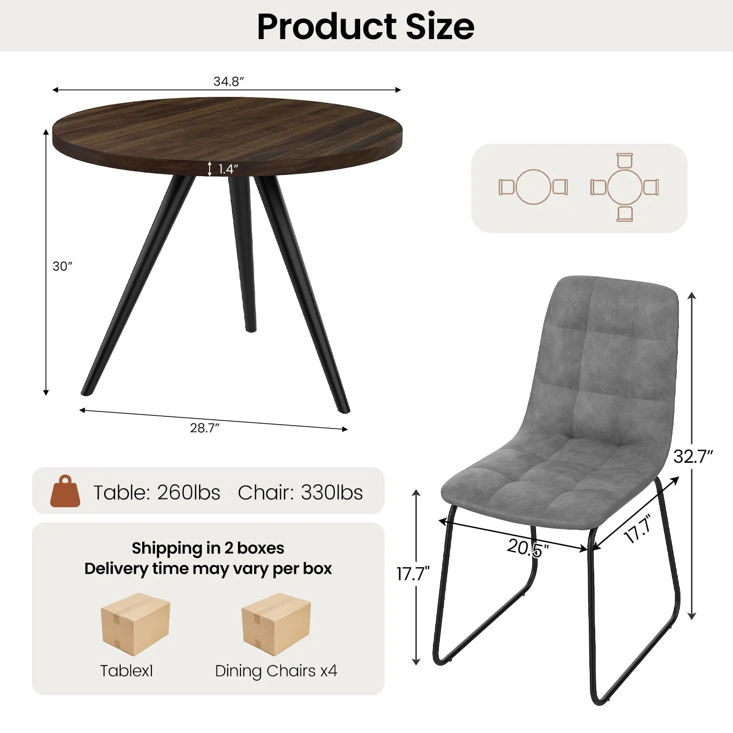 34.8 Round Dining Table Set for 4,5 Piece Mid-Century Modern Dining Set with 4 Upholstered Dining Chairs,Leisure Coffee Table for Kitchen Dining Room, Save Space