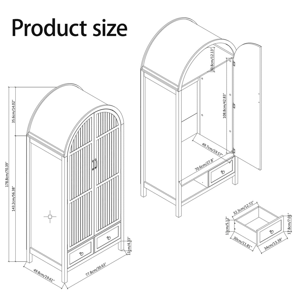 Oubayajia Arched Armoire Wardrobe Closet with Fluted Doors, Wooden Wardrobe Closet with Drawers, Shelves and Hanging Rod for Bedroom