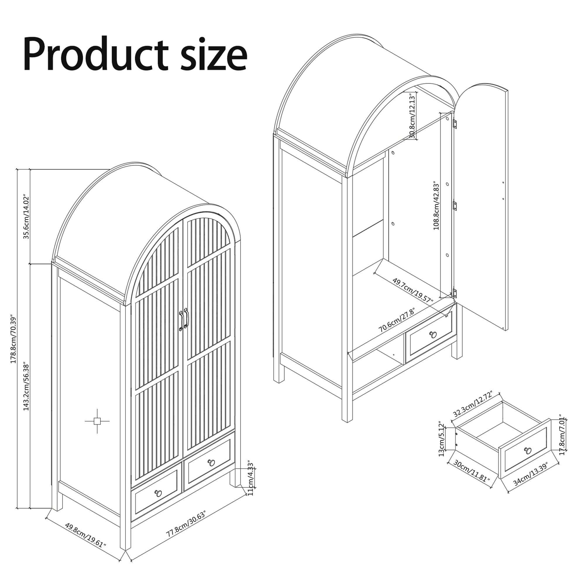 Oubayajia Arched Armoire Wardrobe Closet with Fluted Doors, Wooden Wardrobe Closet with Drawers, Shelves and Hanging Rod for Bedroom