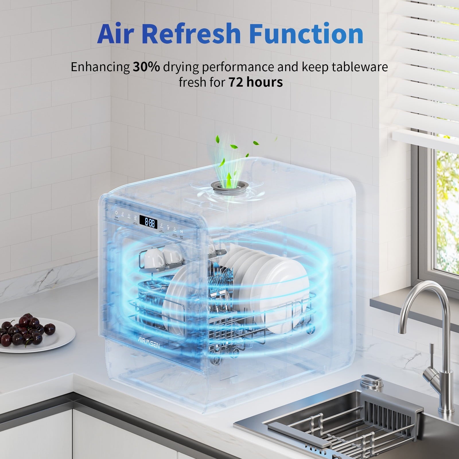 AIRMSEN 5-Place Settings Portable Countertop Dishwasher with 5L Built-in Water Tank, Ultra-Slim Dishwasher Upgrade 3 Spray Arms, 12H Delay Start and Salt Chamber Function, ZMW-DUHA01