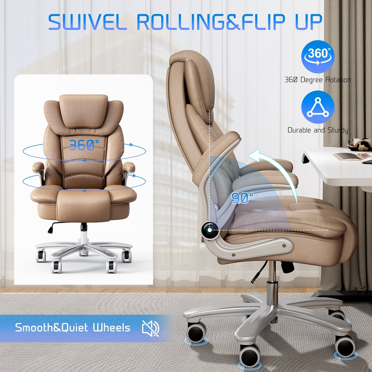 Ninecer Big and Tall Office Chair 400lb Wide Seat, Ergonomic High Back Leather Executive Desk Chair, Computer Chair with Flip-up Arms, Black