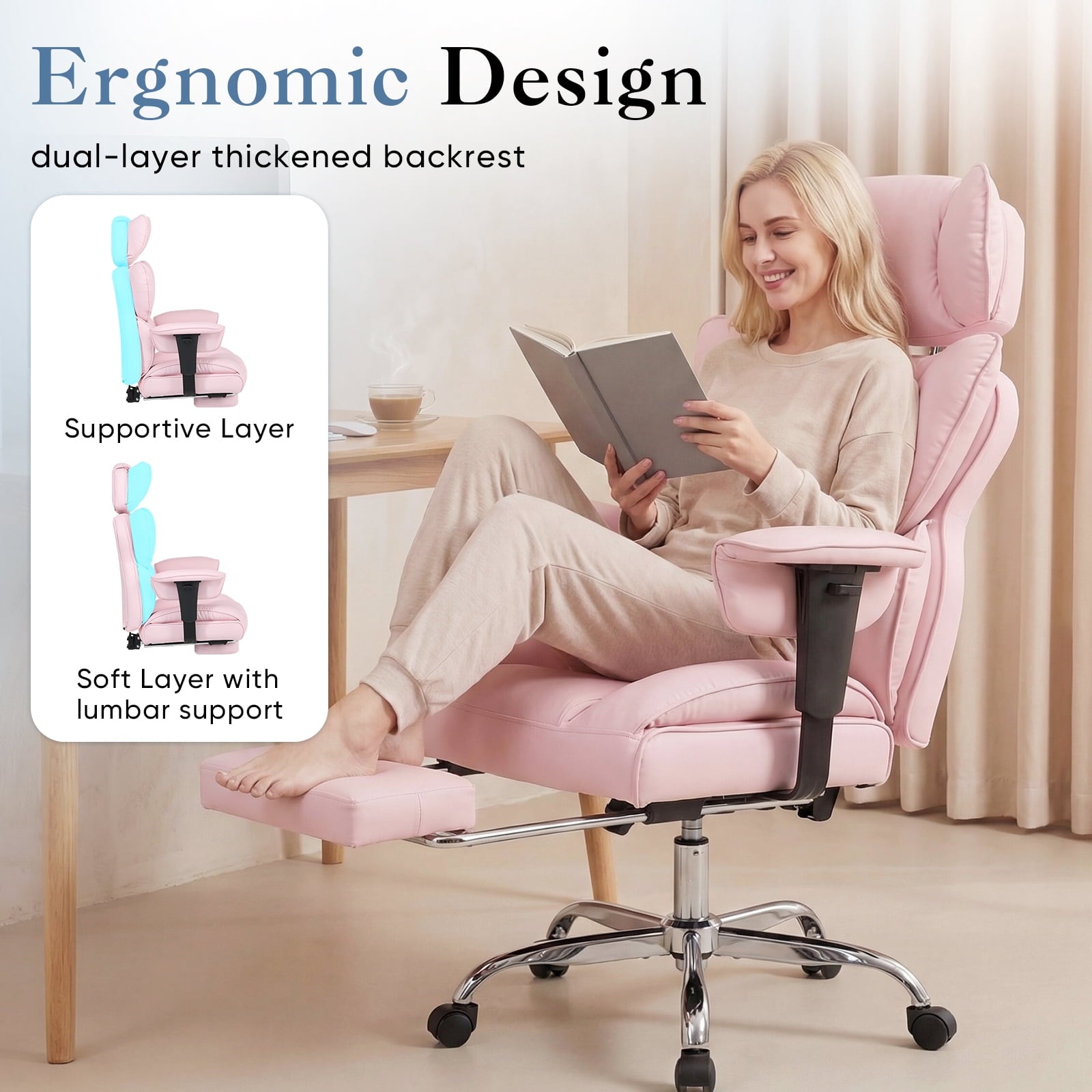CONCETTA Ergonomic Office Chair 400LBS for Big & Tall, Heavy Duty Desk Chair with Reclining Back, Footrest, Luxurious PU Leather, Black