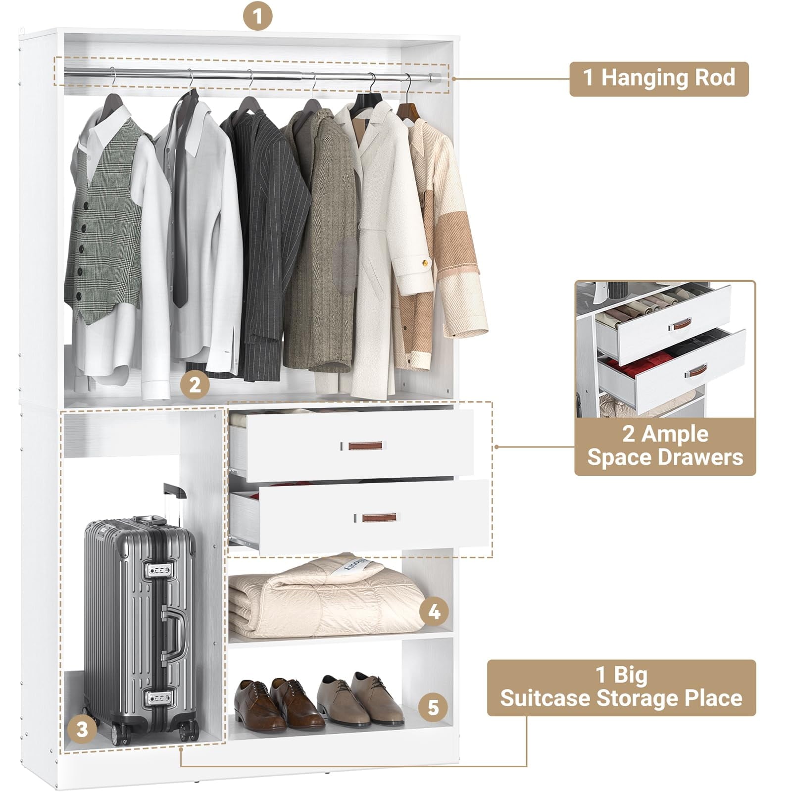 Homieasy Freestanding Closet System with Suitcase Storage, 40'' Closet Organizer System with 2 Wood Drawers and Hanging Rod, White