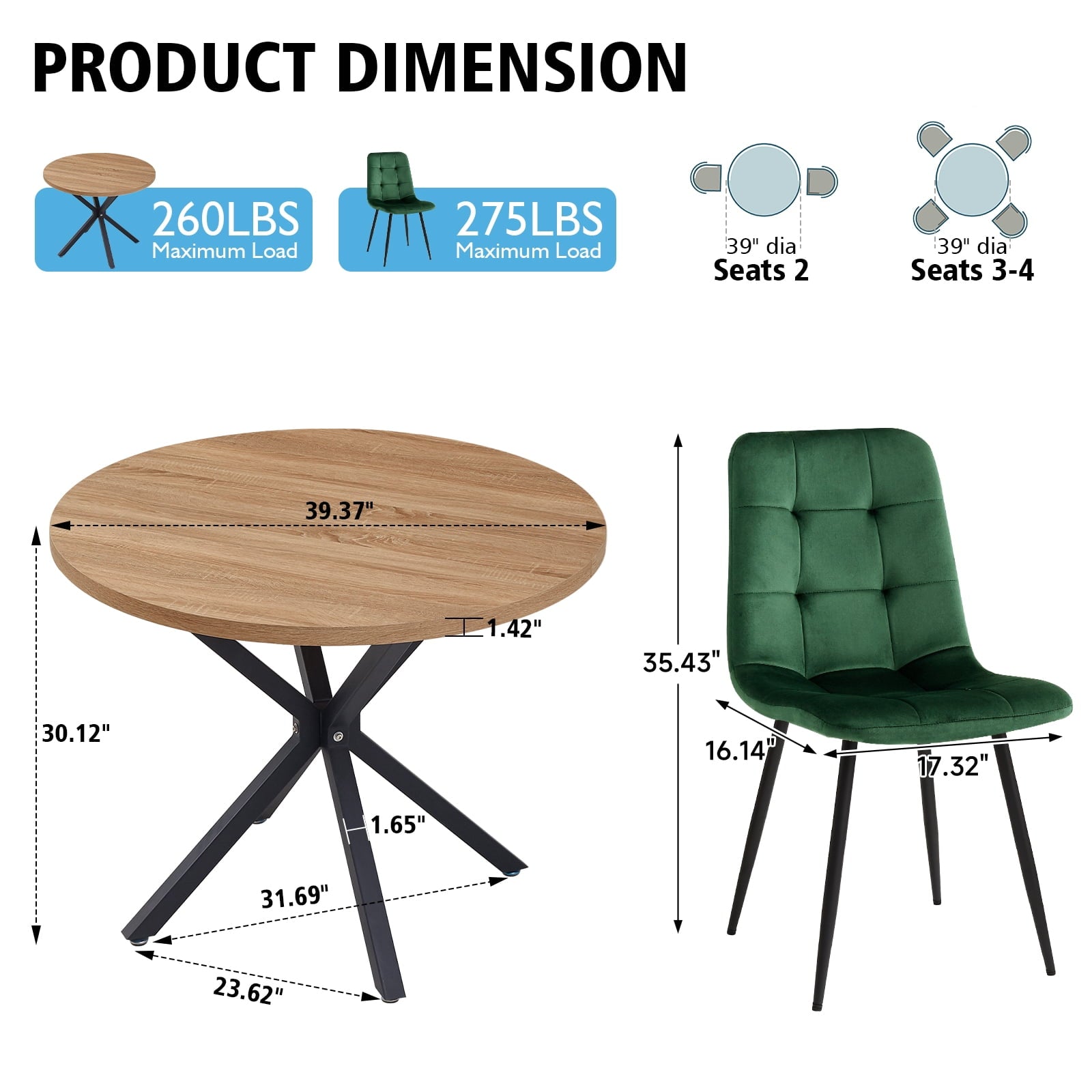5 Piece 39 Round Dining Table Set for 4, Mid Century Kitchen Table with 4 Khaki Fabric Upholstered Dining Chairs for Apartment Living Room, Space Saving Table.