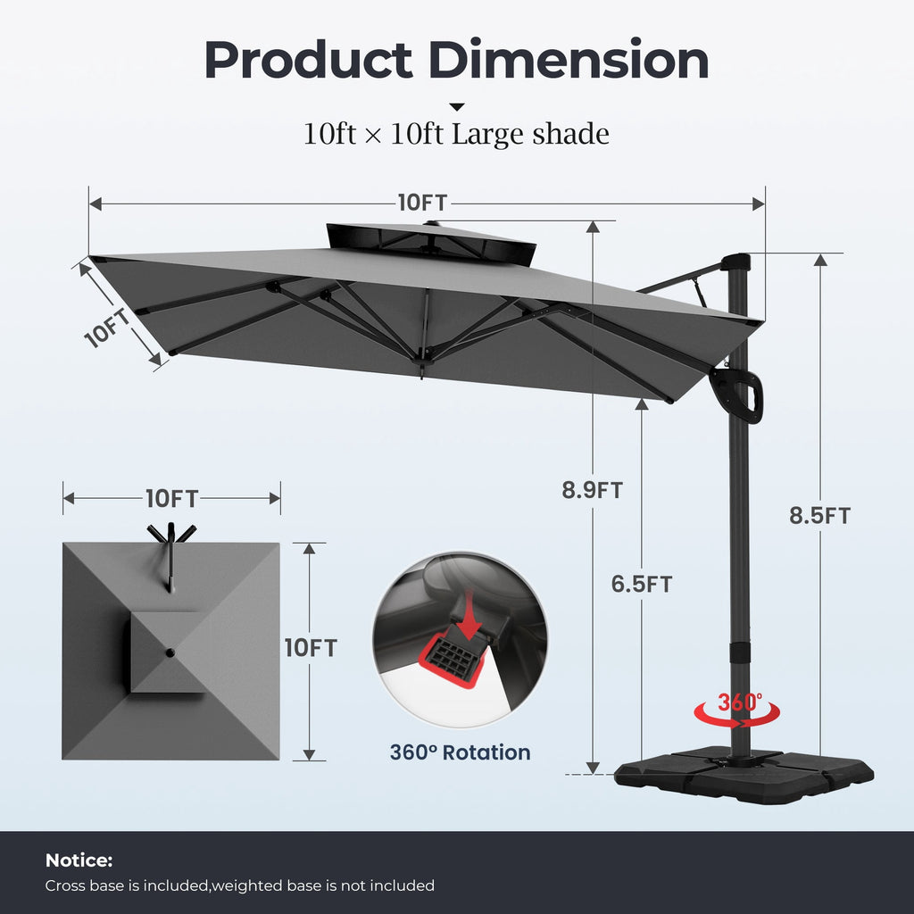 Alpha Joy 12x9ft Outdoor Patio Umbrella Large Rectangle Offset Cantilever Double Umbrella with 360°Rotation, Beige