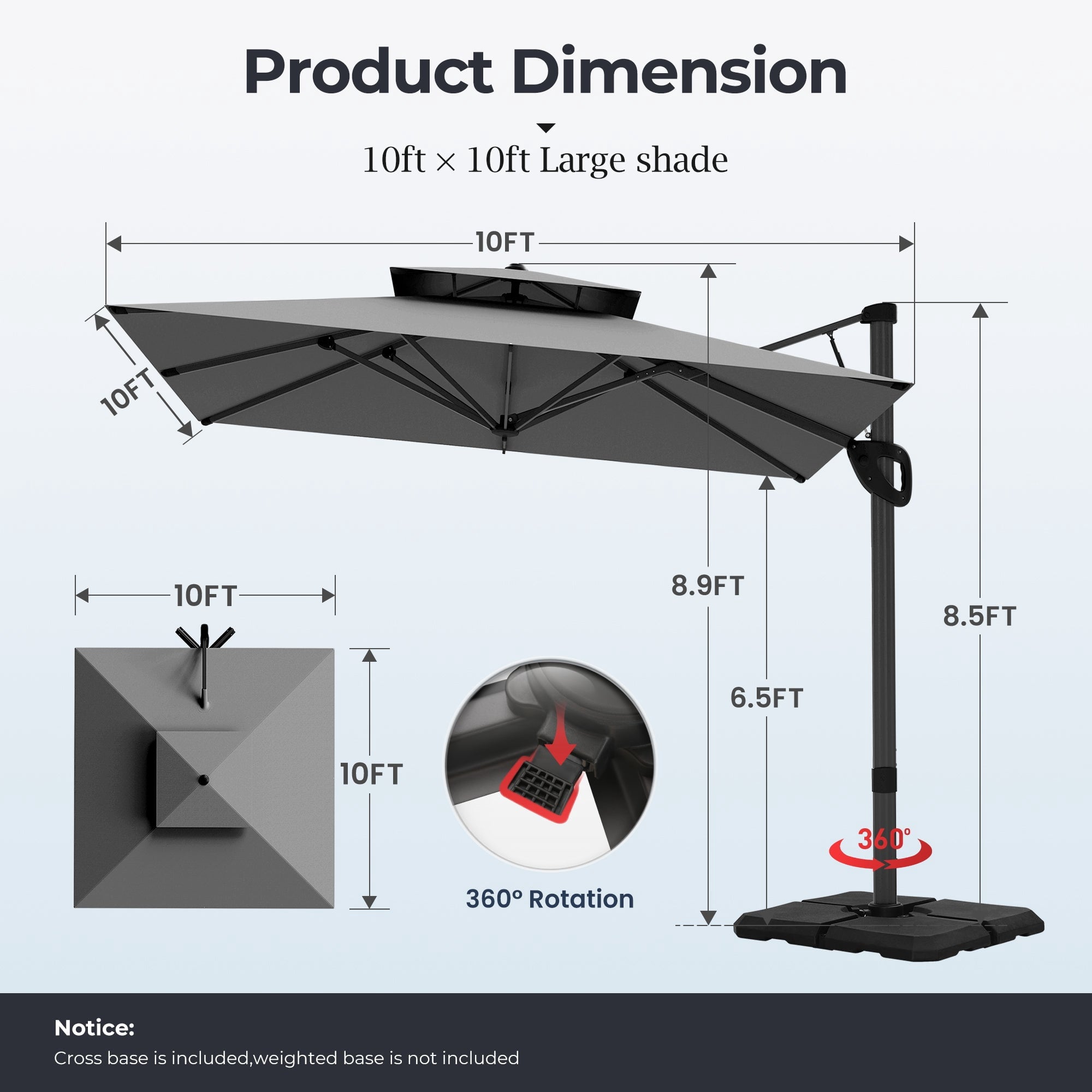 Alpha Joy 12x9ft Outdoor Patio Umbrella Large Rectangle Offset Cantilever Double Umbrella with 360°Rotation, Beige
